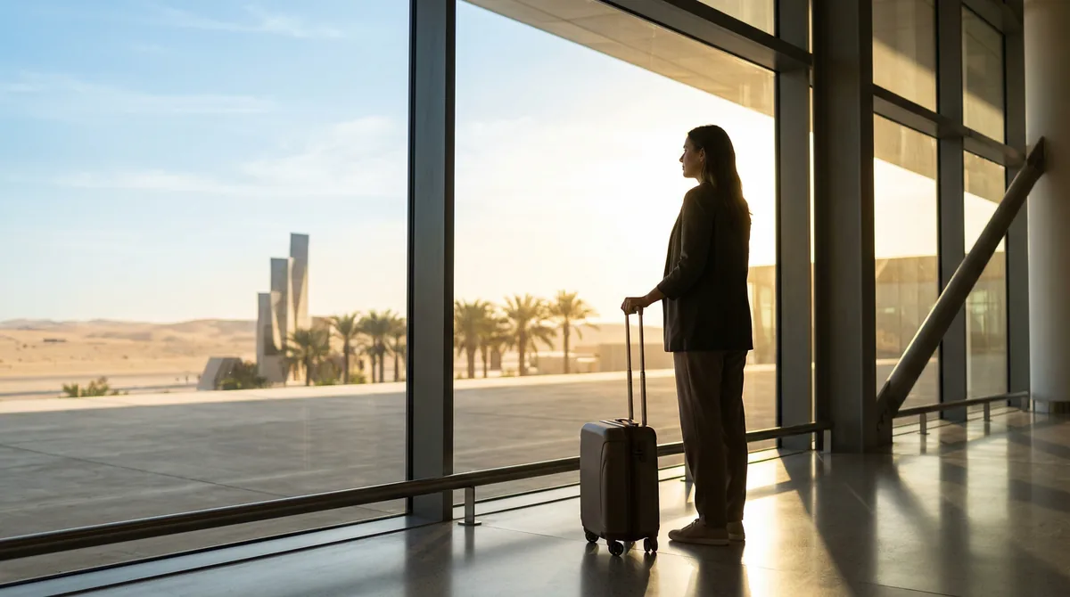 Woman standing at airport terminal window looking out at desert landscape, carry-on luggage beside her, morning sunlight streaming through glass
