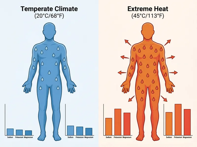Scientific diagram comparing sweat rate and electrolyte loss in temperate versus extreme heat climates