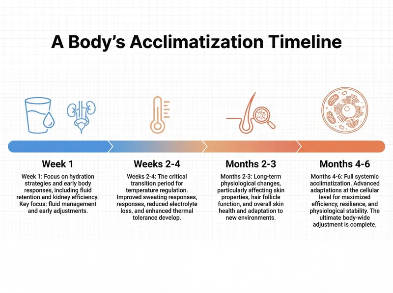 Infographic showing physiological adaptation timeline from day 1 to month 6 of climate relocation with key body system changes