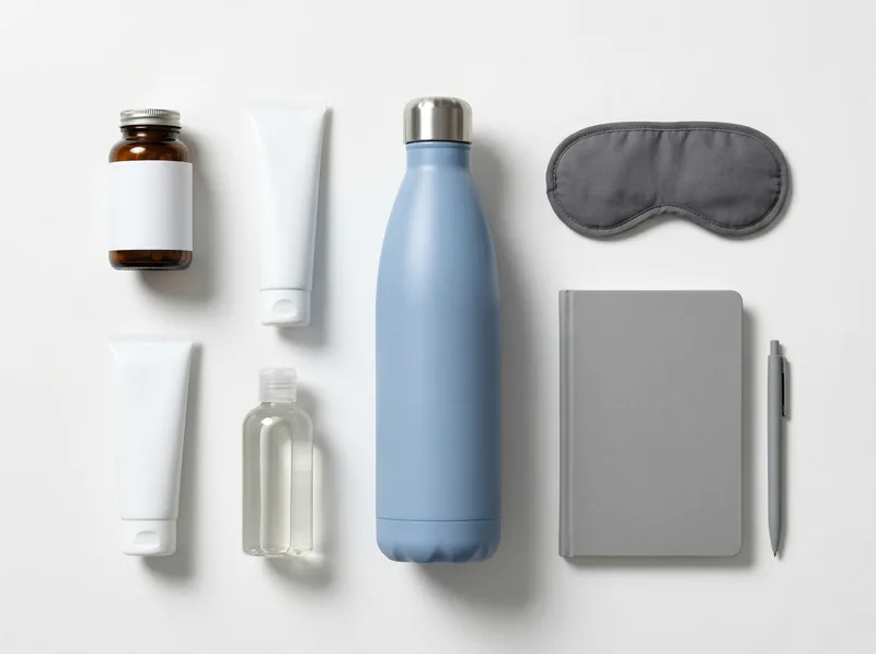 Visual checklist of essential supplies and habits for supporting climate adaptation including water bottle, supplements, and skincare