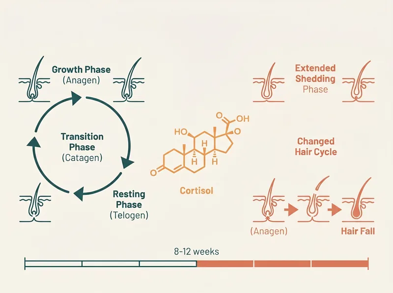 Educational infographic showing cortisol's effect on hair growth cycle over 8-12 weeks