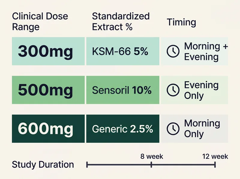 Evidence-based ashwagandha dosing chart showing clinical trial ranges and timing recommendations