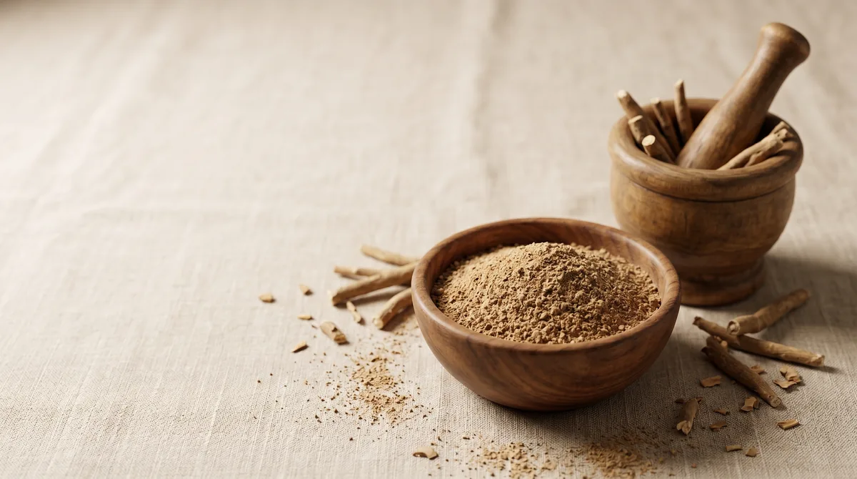 Ashwagandha root powder in wooden bowl with mortar and pestle on natural linen surface