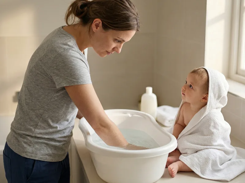 Mother testing bath water temperature with elbow while baby waits wrapped in towel