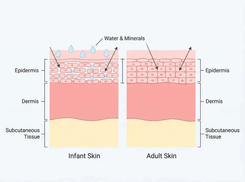 Educational diagram showing infant skin barrier structure compared to adult skin layers