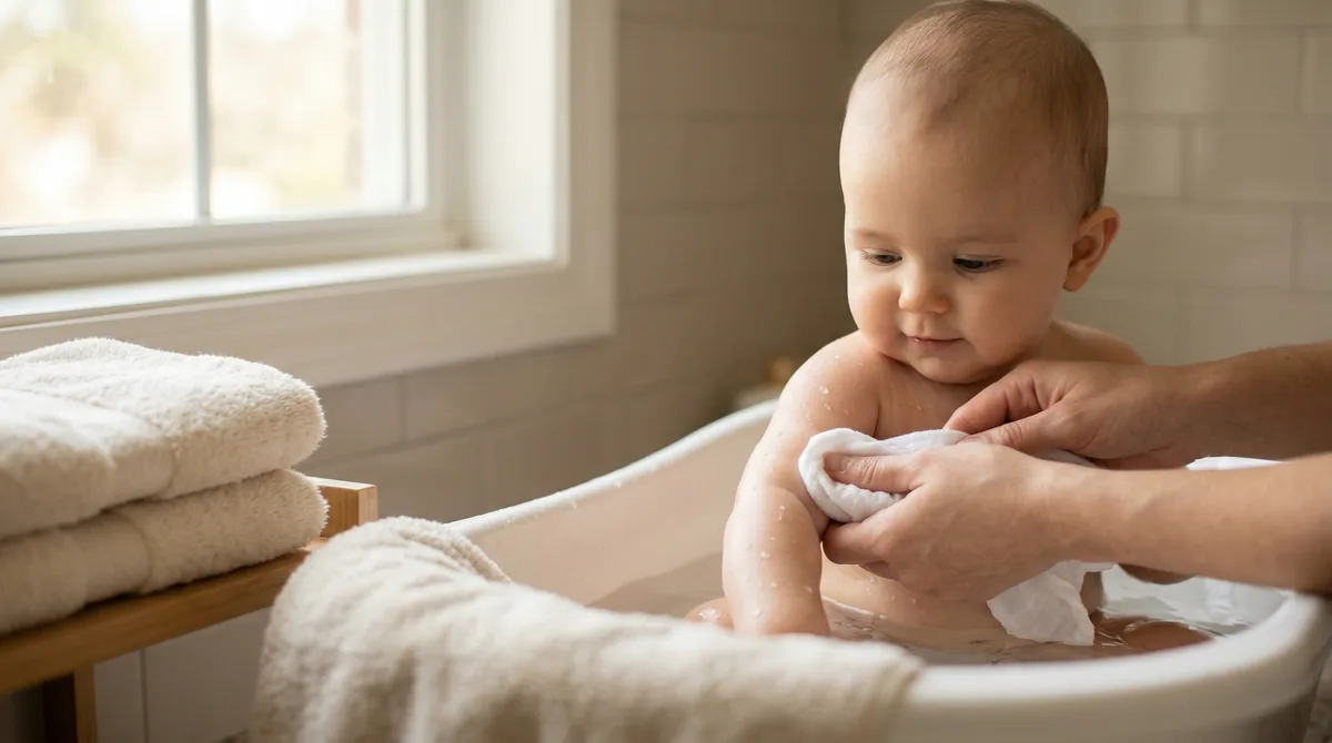 Mother gently washing baby's skin with soft cloth in bathroom with natural light
