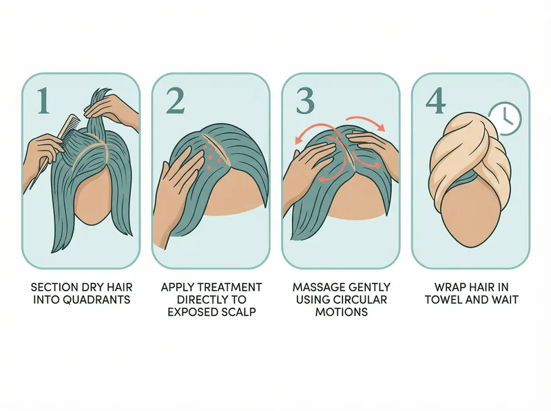 Step-by-step visual guide showing proper scalp treatment application technique