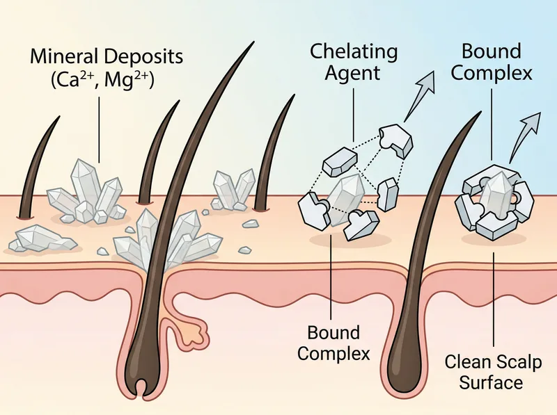 Educational diagram showing how chelating agents bind to mineral deposits on scalp surface