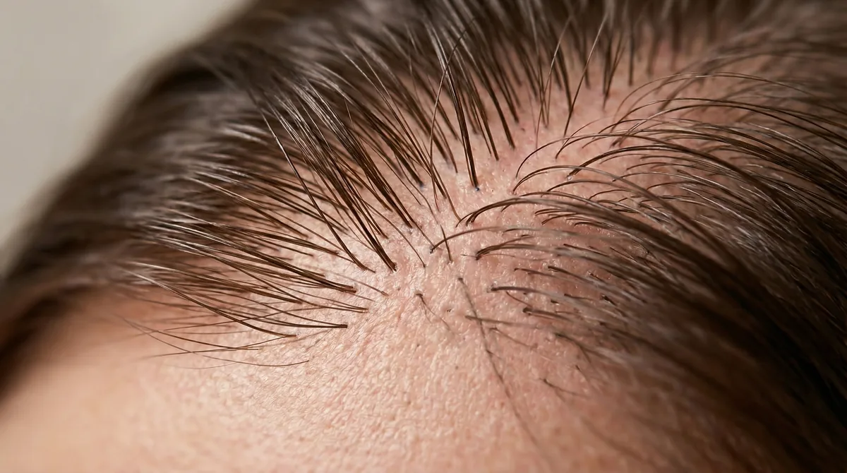 Close-up of healthy scalp with visible hair follicles and clean, mineral-free appearance after treatment