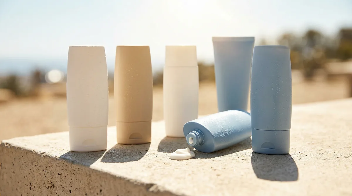Array of sunscreen bottles on a sun-drenched outdoor surface with heat waves visible in the background