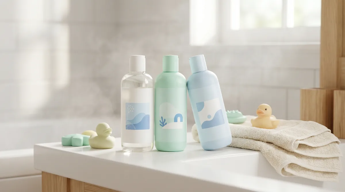 Gentle toddler shampoo bottles arranged on bathroom counter with soft towel and bath toys in natural morning light