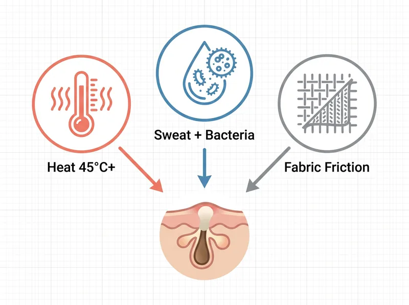 Diagram showing how heat, sweat, and friction cause body acne in hot climates