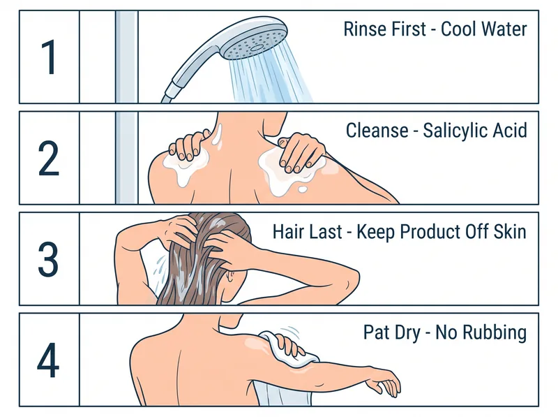 Step-by-step visual guide for post-workout shower routine to prevent body acne