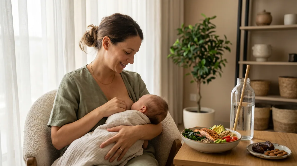 Mother breastfeeding infant in bright, naturally lit room with water bottle and nutrient-dense meal visible on nearby table