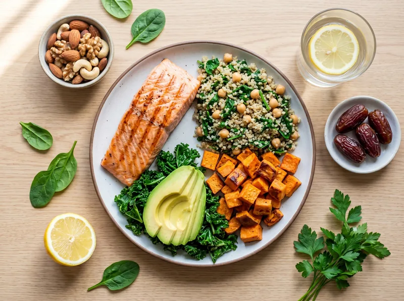 Visual guide showing nutrient-dense meal components for breastfeeding mothers including protein, iron-rich foods, and healthy fats