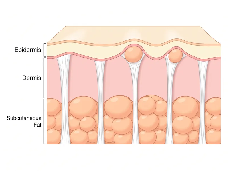Cross-section diagram showing skin layers, fat cells, and connective tissue structure that contributes to cellulite appearance