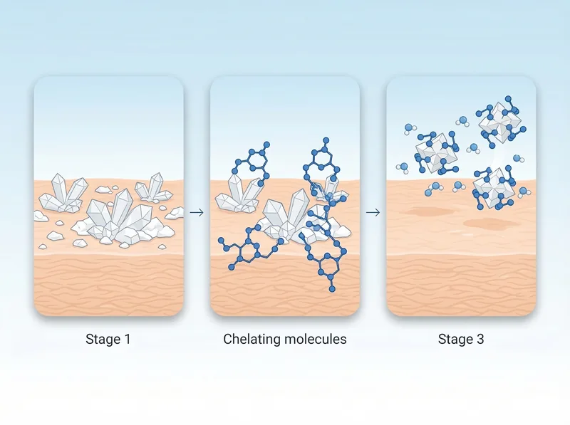 Visual representation of chelation process removing mineral deposits from skin surface