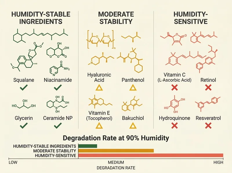 Educational infographic showing molecular structure and stability of clean beauty ingredients in humid conditions