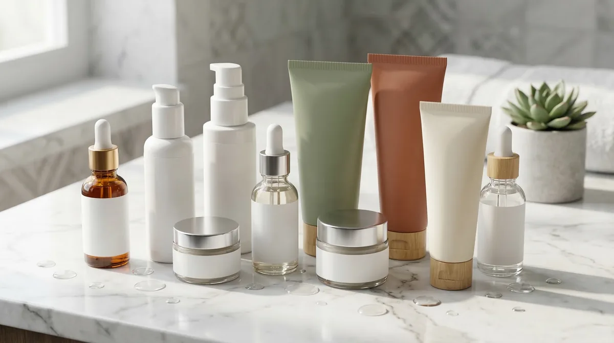 Array of clean beauty skincare products on white marble surface with water droplets, natural lighting showing product stability in humid conditions