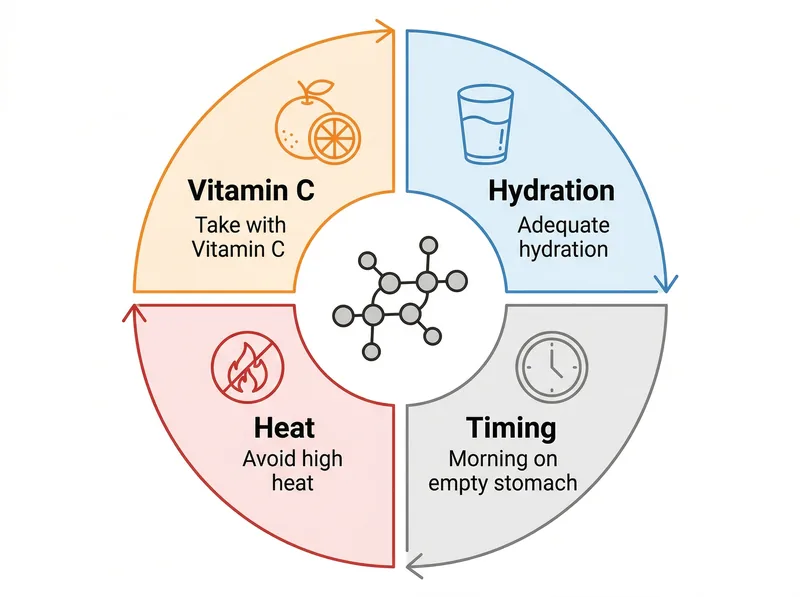 Visual guide showing factors that enhance collagen supplement absorption including vitamin C, hydration, and timing