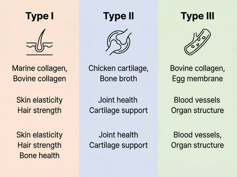 Educational infographic comparing Type I, Type II, and Type III collagen sources and benefits