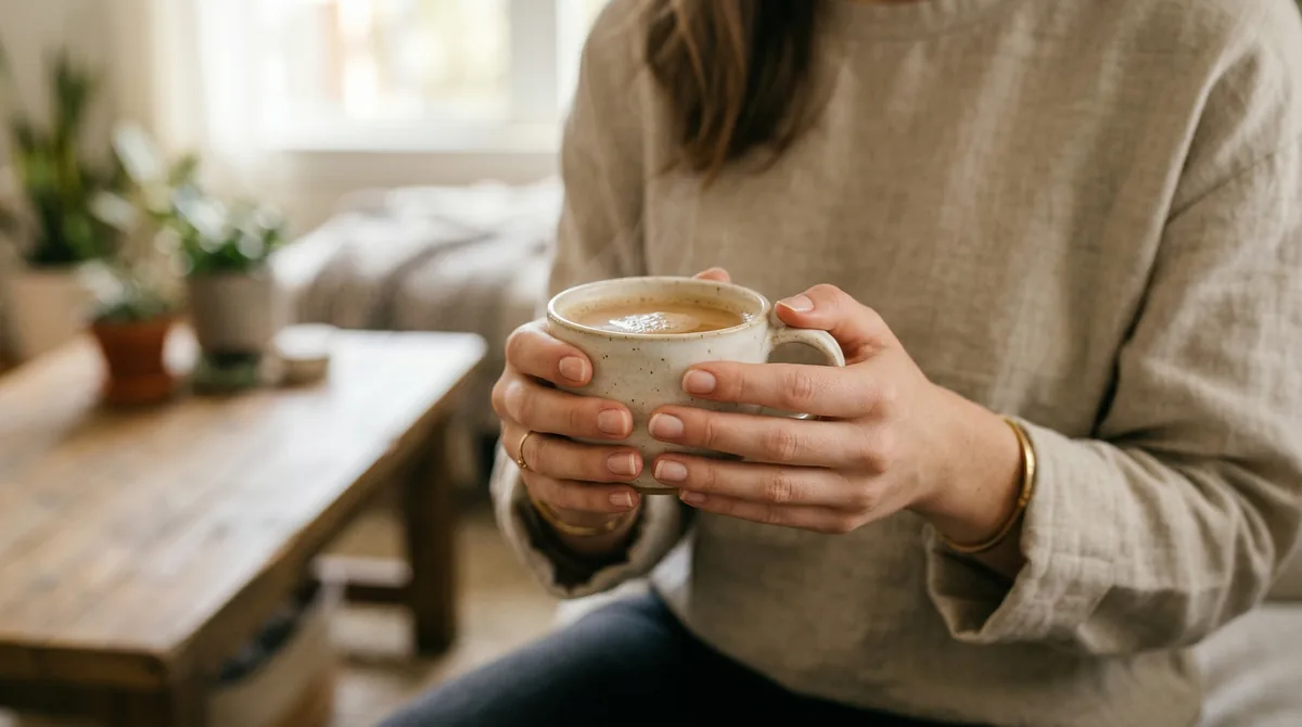 Woman examining collagen supplement powder and capsules on kitchen counter with fresh citrus fruits