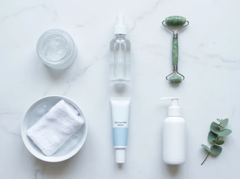 Flat lay of cooling skincare products and tools for managing hot flash skin reactions, including gel moisturizer, facial mist, and cooling tools