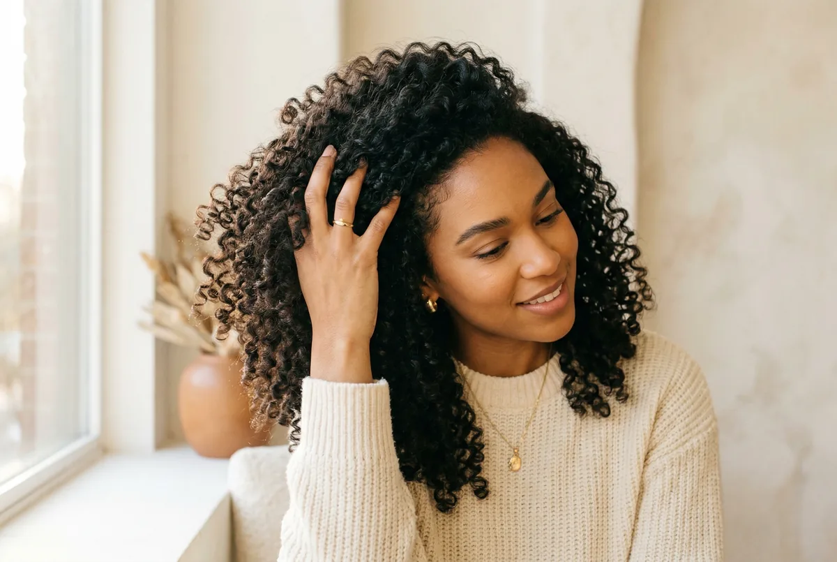 Curly-haired woman running fingers through her hair in natural light