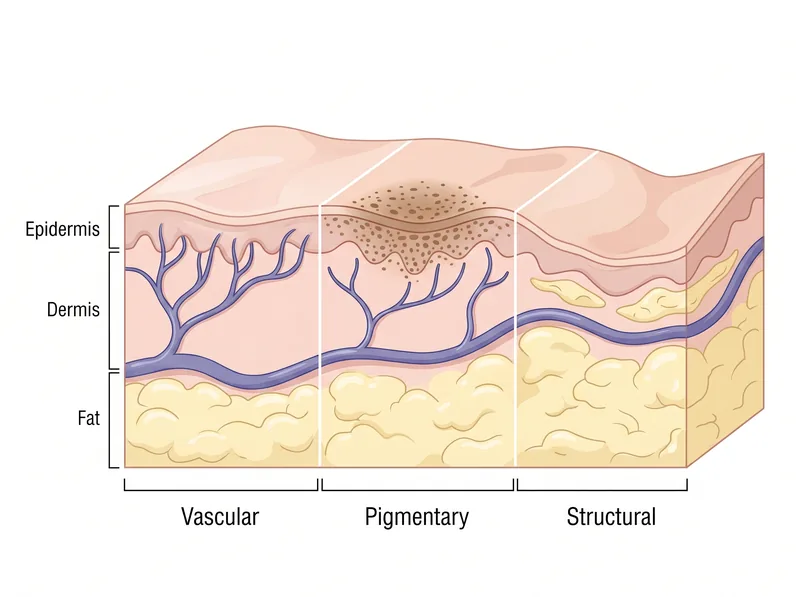 Educational diagram showing cross-section of under-eye skin layers and causes of dark circles including blood vessels, melanin, and thin skin