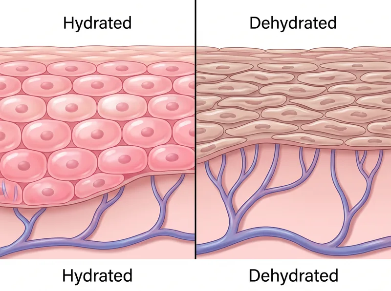 Side-by-side comparison showing hydrated versus dehydrated under-eye skin at cellular level with visible impact on blood vessel prominence