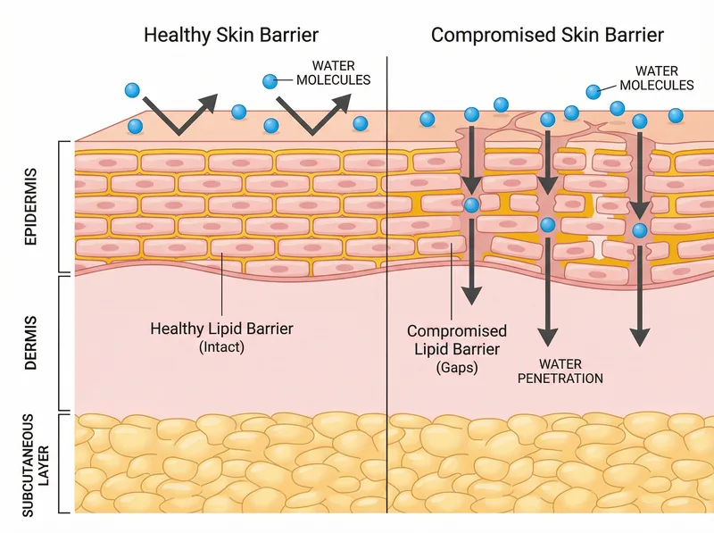 Cross-section diagram of skin barrier showing how mineral-depleted water affects the protective lipid layer