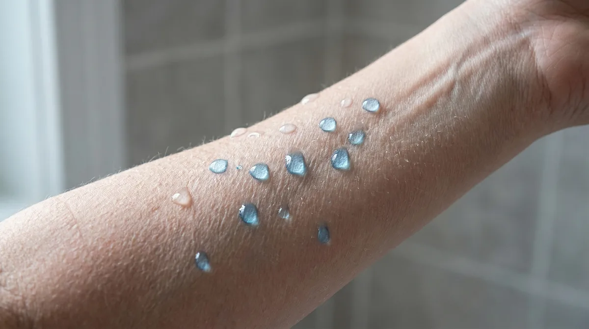 Close-up of water droplets on dry skin showing the contrast between hydration and dehydration