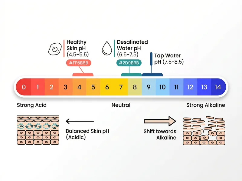 pH scale showing optimal skin pH versus desalinated water pH and their interaction