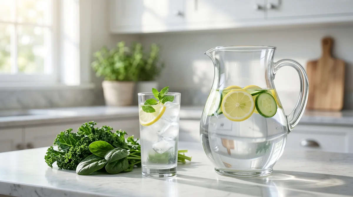 Clear glass pitcher of filtered water on modern kitchen counter with fresh citrus slices and green leafy vegetables, morning sunlight streaming through window