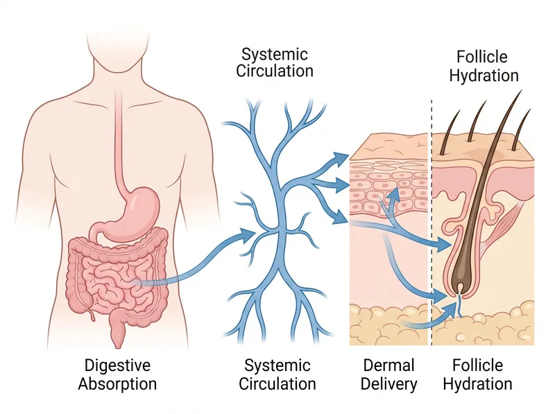 Educational diagram showing how water travels from digestive system to skin cells and hair follicles through bloodstream