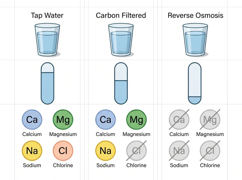 Side-by-side comparison chart of mineral content in tap water, filtered water, and RO water