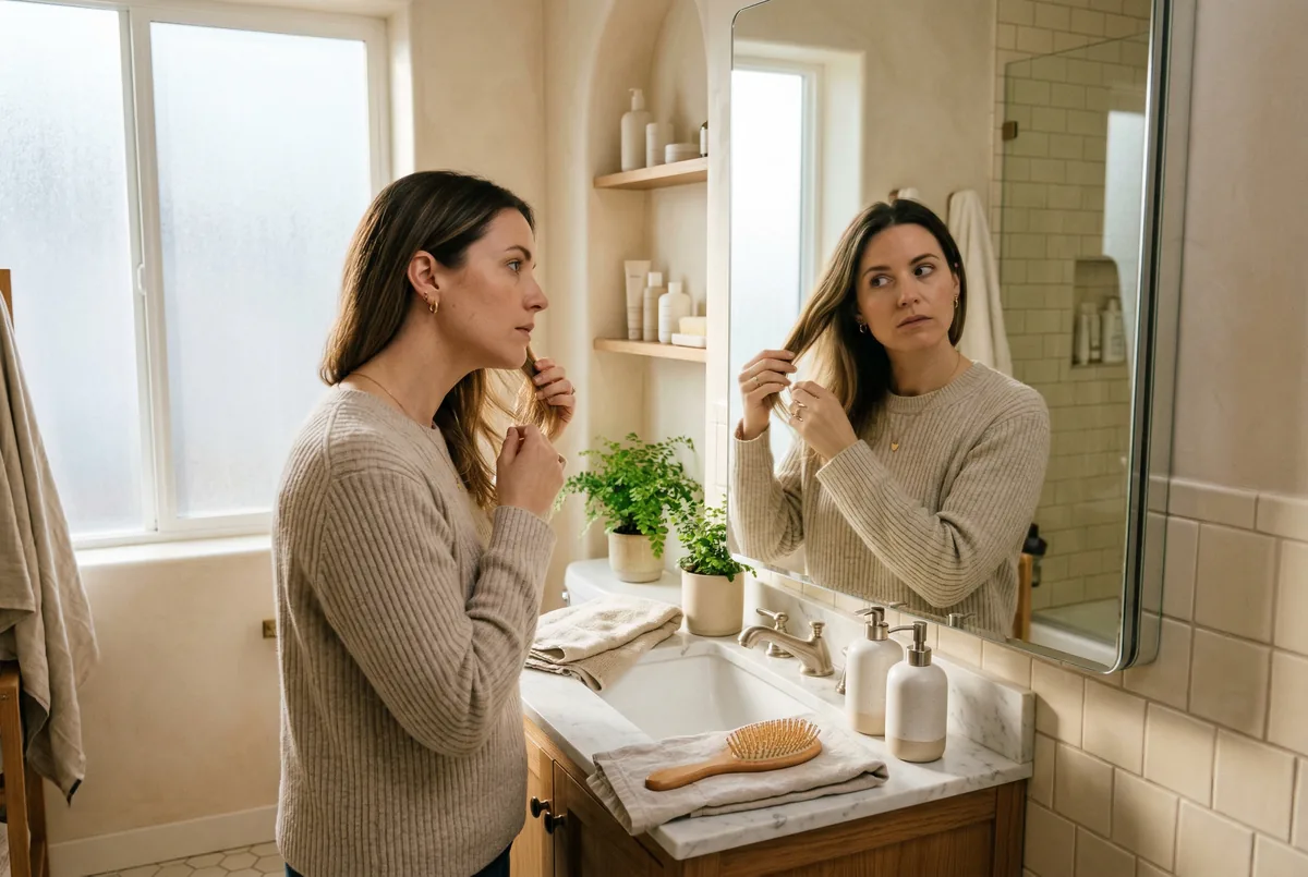 Woman examining her hair in a bathroom mirror in a bright, sunlit apartment