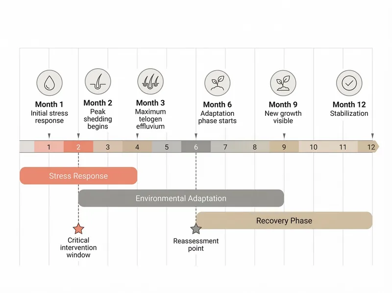 Infographic showing six-month progression of expat hair loss with visual timeline and intervention points