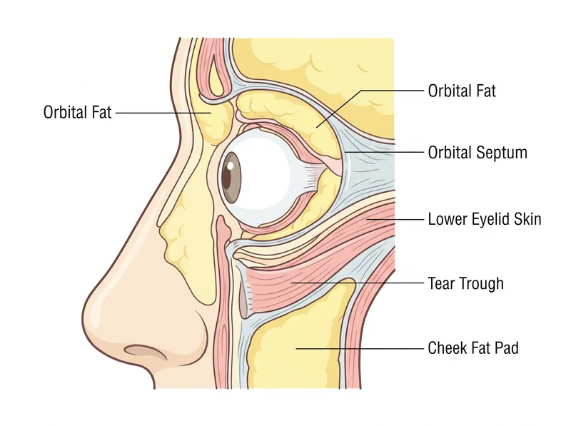Educational diagram showing cross-section of eye anatomy including orbital fat, muscles, and skin layers