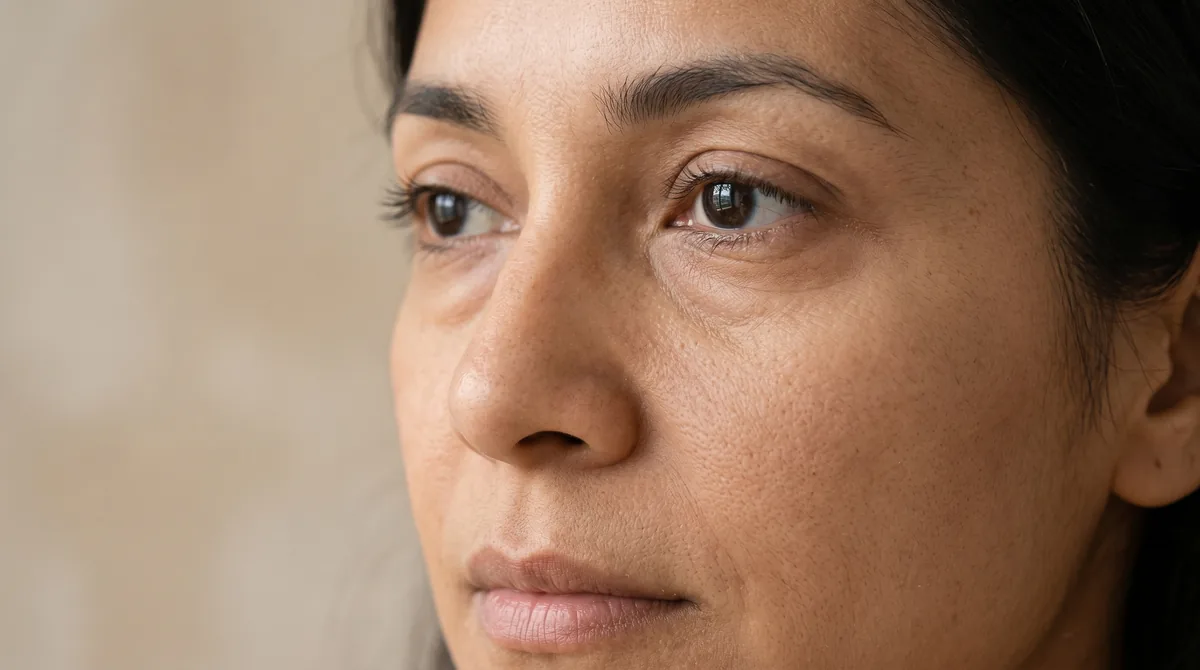 Close-up of woman's under-eye area showing subtle eye bags in natural lighting against neutral background