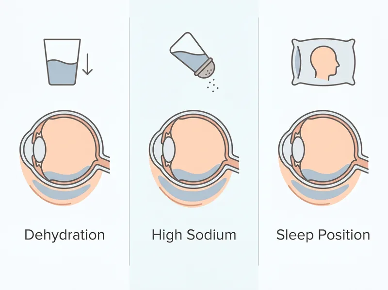 Split comparison showing effects of dehydration, salt intake, and sleep position on under-eye appearance