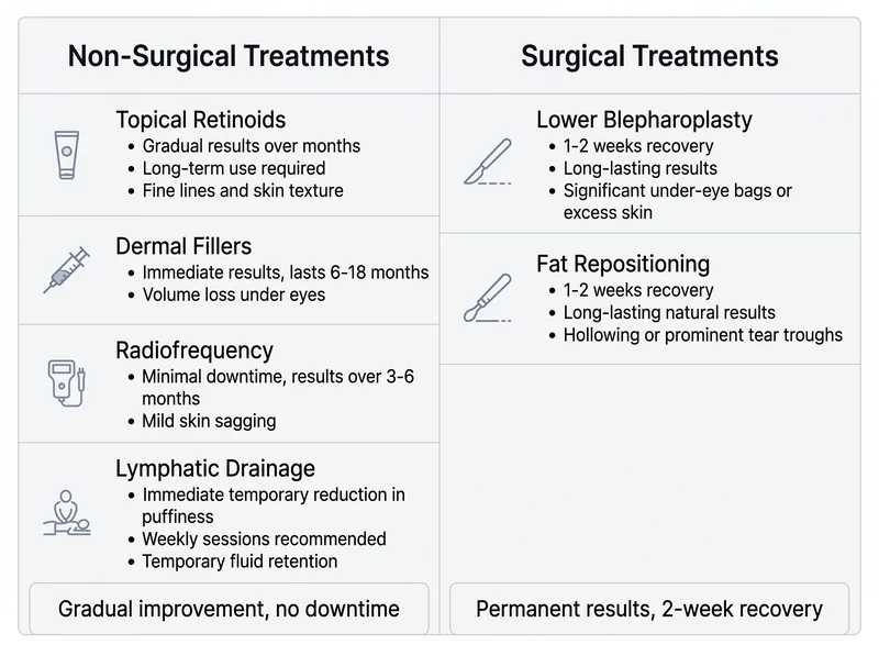 Visual comparison chart of non-surgical versus surgical eye bag treatments with recovery times and results