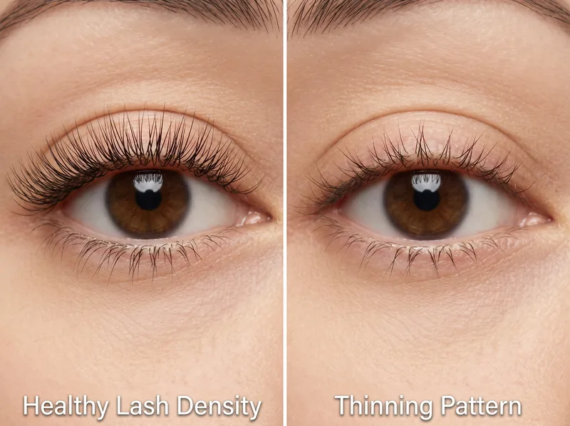 Side-by-side comparison of healthy versus thinning eyelashes showing follicle density differences