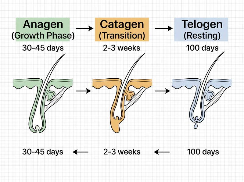 Educational diagram showing the three phases of eyelash growth cycle with timeline