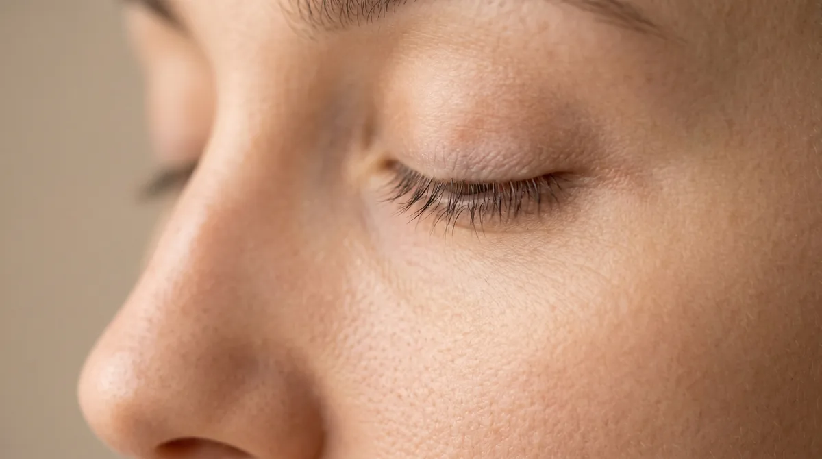 Close-up of woman's eye showing sparse eyelashes with visible follicle gaps in warm lighting