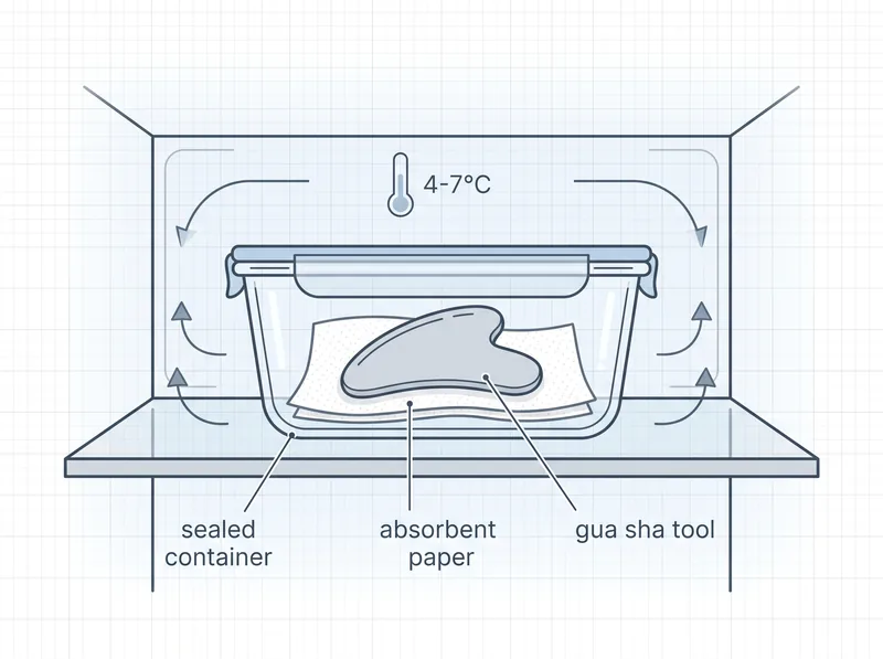 Diagram showing proper refrigerator storage setup for gua sha tools in sealed container with paper towel