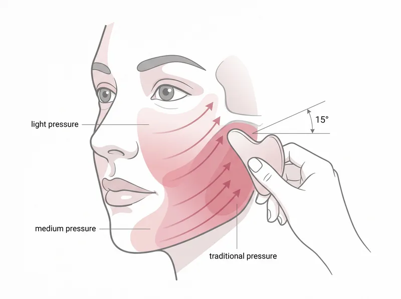 Diagram showing proper light pressure gua sha technique for compromised skin barrier in hot climates