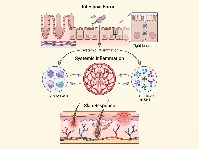 Educational diagram showing the pathway from gut inflammation to skin inflammation with simplified anatomical illustrations