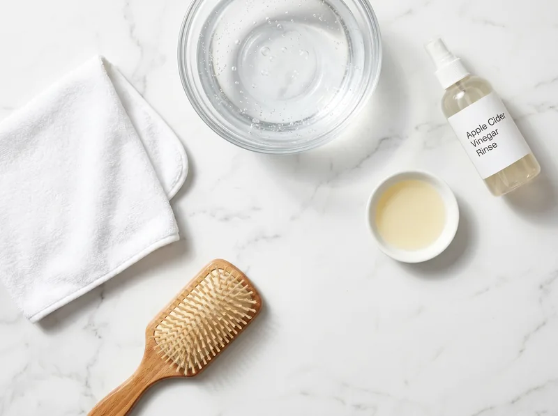 Flat lay of mid-week hair reset products arranged on white marble surface