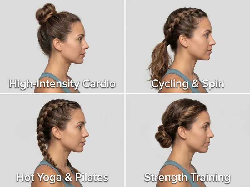 Four side-by-side photos showing protective hairstyles for different workout types